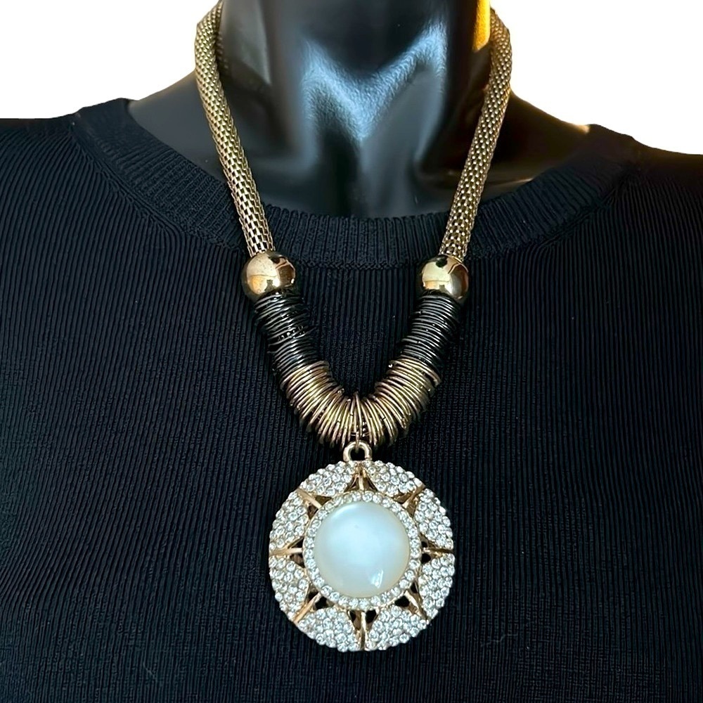 Rhinestone Sparkle Statement Pendant Necklace in Gold Tone with Black Accents